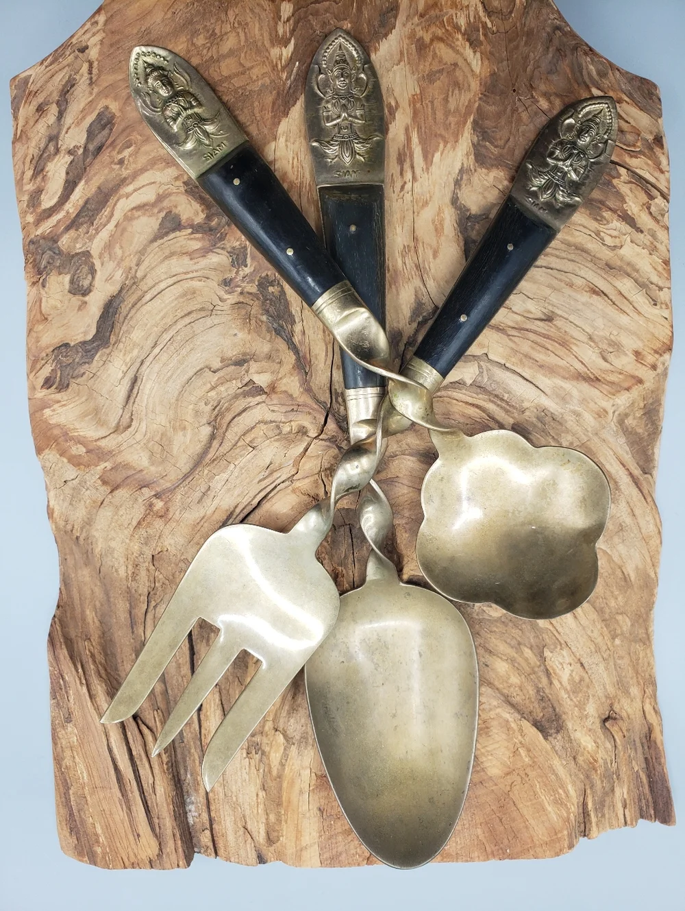 3p Brass Serving Set w/Twisted Details & Dark Wood Handles -Vintage Siam Buddha